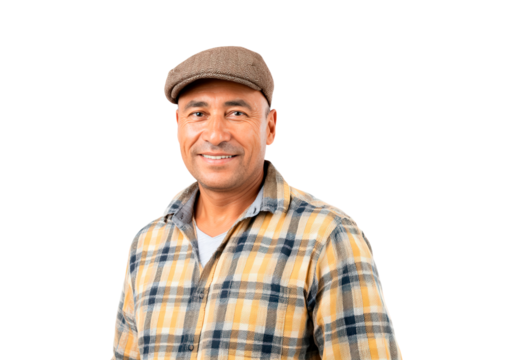 Smiling farmer in plaid shirt and cap on transparent background, PNG
