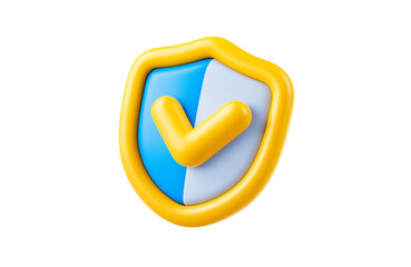 Protection shield icon, checkmark on shield symbol, safety concept. 3d render illustration transparency background
