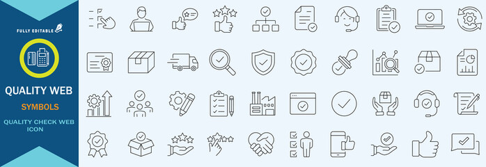 Quality control set of web icons in line style. Quality Check computing icons for web and mobile app. Containing inspection, evaluation, production, quality assurance, certificate, testing and more