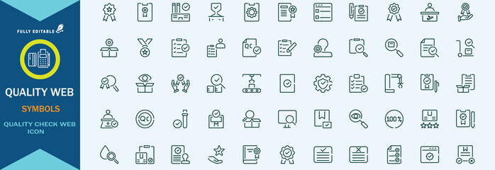 Quality control set of web icons in line style. Quality Check computing icons for web and mobile app. Containing inspection, evaluation, production, quality assurance, certificate, testing and more