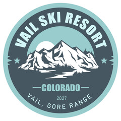 Vail Ski Resort stamp, Colorado, emblem with snow covered peaks, vector