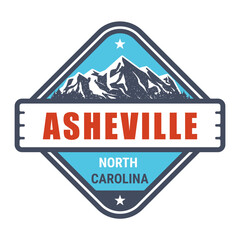 Asheville, North Carolina ski resort stamp, emblem with snow covered mountains in Asheville, vector
