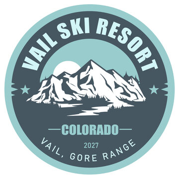 Vail Ski Resort stamp, Colorado, emblem with snow covered peaks, vector