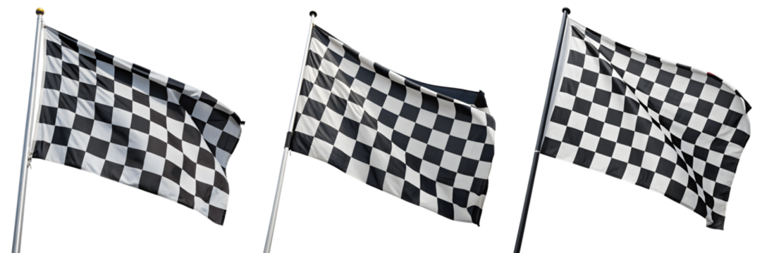 A Set for Three checkered flags waving, isolated on transparent background