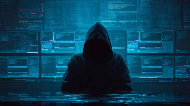 Anonymous Hacker in Front of Code Screens
