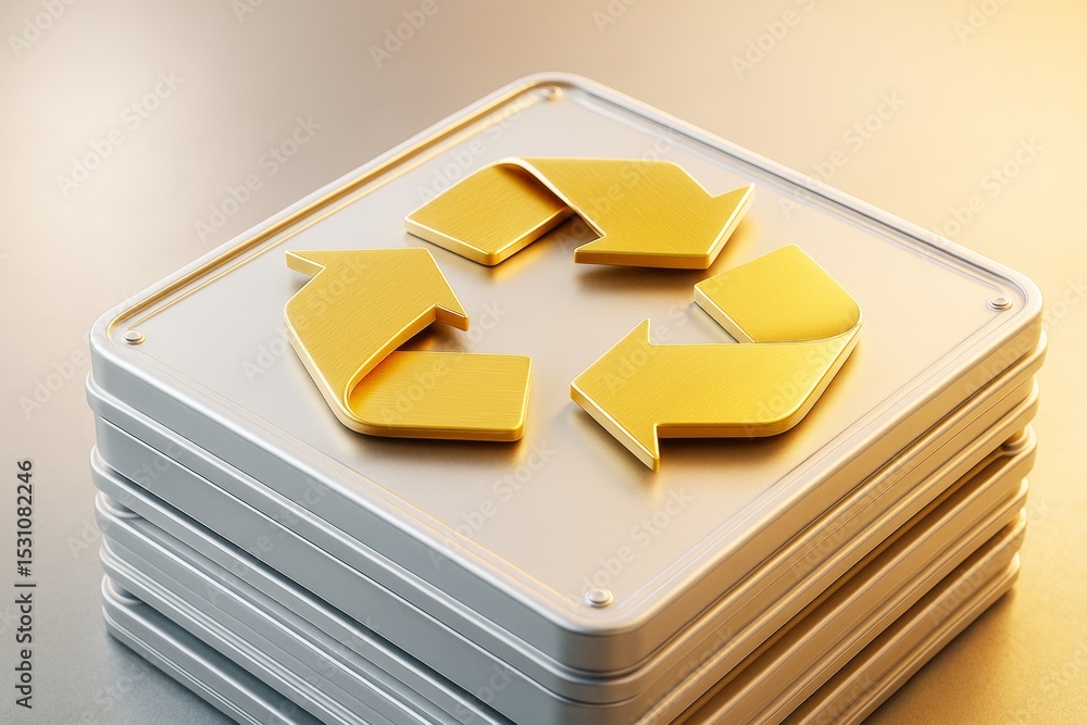 Poster golden recycle symbol on metallic stacked boxes with soft warm light background, emphasizing eco-fri