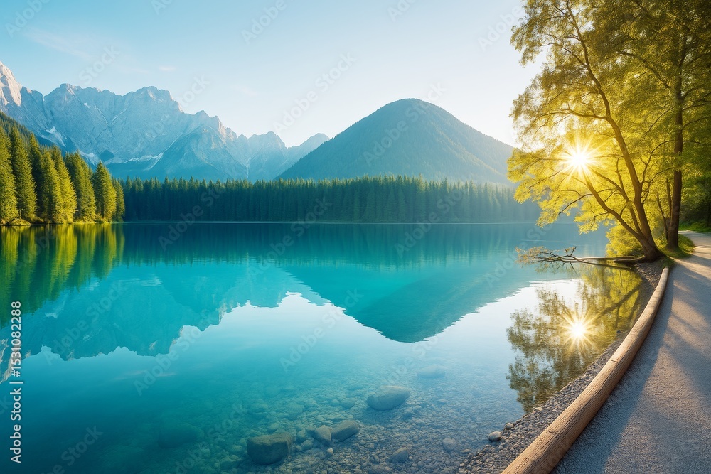 Aufkleber serene mountain lake with sunlit trees and crystal-clear reflections in a peaceful natural environme