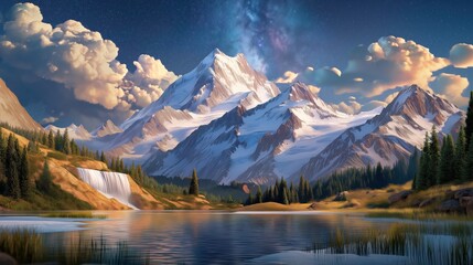 Majestic mountains under a vibrant night sky with a tranquil lake and cascading waterfall in a magical summer setting