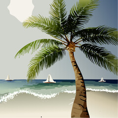 Serene Coastal Scene Palm Tree, Sailboats, and Tranquil Ocean Vista