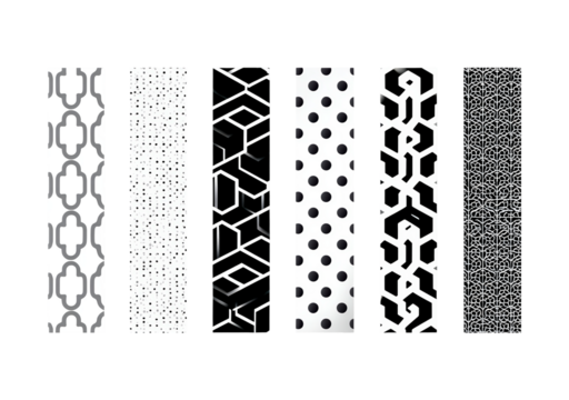 Monochrome geometric and polka dot patterned pillars in black and white on transparent background, PNG