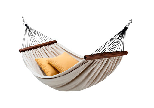 Cozy beige hammock with wooden bars and cushions on transparent background, PNG
