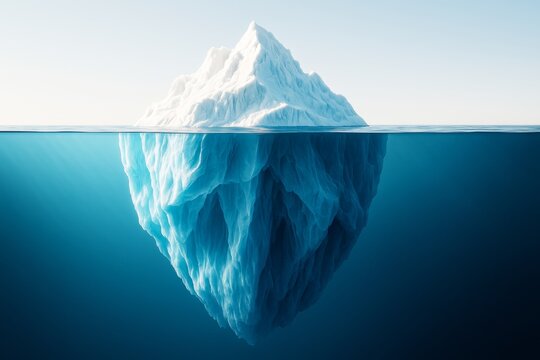 Iceberg floating in calm ocean with large submerged section below surface, under bright sky background showing hidden depth concept clearly.