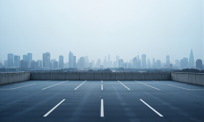 Empty parking lot with cityscape in background