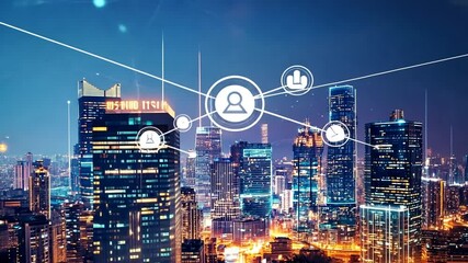 Illuminated cityscape at night with digital network overlay - Powered by Adobe