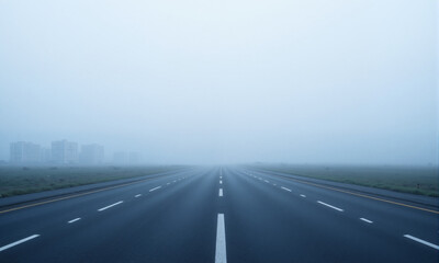Fototapeta premium Empty road leading through fog with city in distance