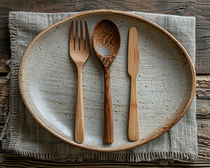 Rustic Dining Setup with Ceramic Plate and Wooden Cutlery