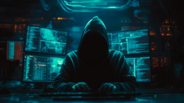 Cybercriminal Operating in Dark Tech Room
