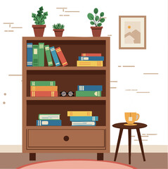 Fototapeta premium Wooden bookshelf with plants books and coffee cup in cozy living room vector illustration 
