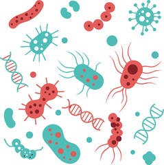 Microscopic bacteria and DNA strands vector illustration in red and blue colors for science and biology concepts
