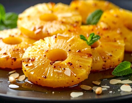 Tranches d'ananas mac&eacute;r&eacute;s dans du rhum et cuits avec du miel avec quelques pignons. Generated image