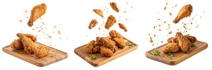 A Set for Crispy fried chicken wings falling onto wooden boards, isolated