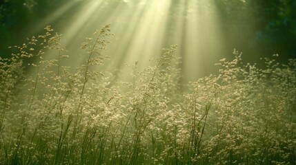 Sunlight streams through a field of grass.