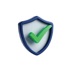 3D Render of a Green Check Mark Inside a Blue Shield Security, Protection, and Success Symbol