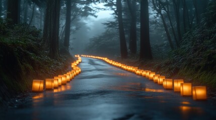 Misty forest path lit by lanterns