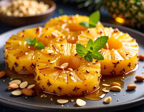 Tranches d'ananas mac&eacute;r&eacute;s dans du rhum et cuits avec du miel avec quelques pignons. Generated image