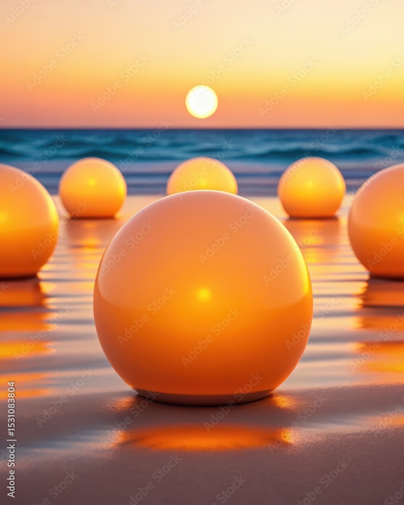 Poster Futuristic space habitat design concept. Glowing spheres on the beach at sunset create a serene atmosphere.
