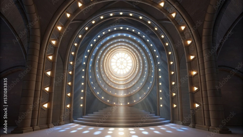 Poster Futuristic space habitat design concept. Illuminated circular archway with a central light source.