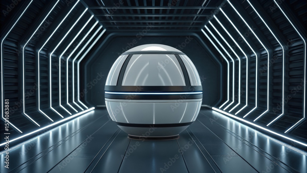 Poster futuristic space habitat design concept. futuristic spherical object in a sleek, illuminated corrido