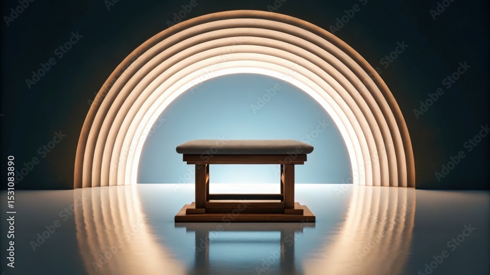 Aufkleber futuristic space habitat design concept. minimalist setup featuring a wooden table and a glowing arc