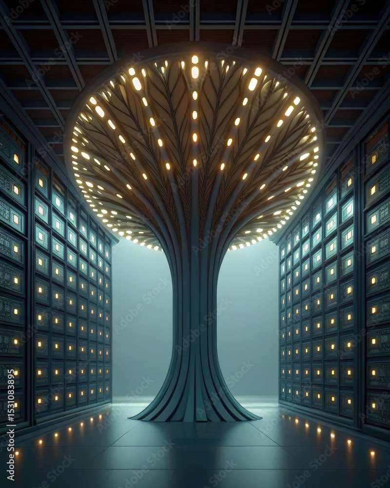 Poster Futuristic space habitat design concept. Futuristic tree structure with lights in a digital archive setting.