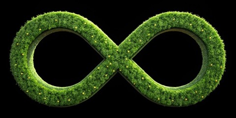 Futuristic space habitat design concept. Moss-covered infinity symbol on a dark background.