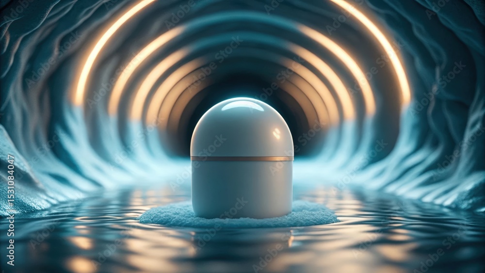 Poster futuristic space habitat design concept. futuristic orb in a glowing tunnel with water reflections.