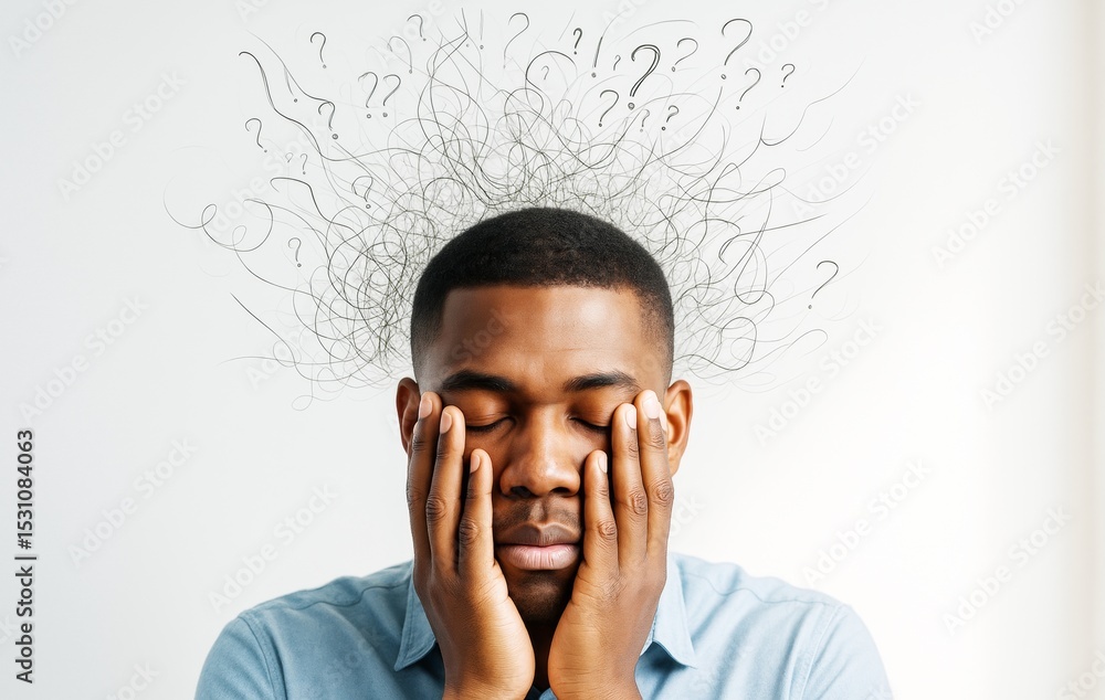Poster Thoughtful young man with hands on face and swirling question marks above head expressing confusion and mental overload on light background.