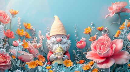 Smiling gnome surrounded by vibrant flowers