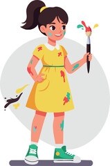 Fototapeta premium Girl in yellow dress holding paintbrush with colorful paint splashes vector illustration 