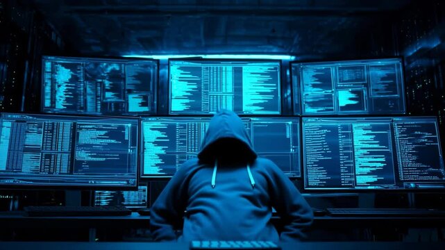 Dark Web Hacker Surrounded by Monitors