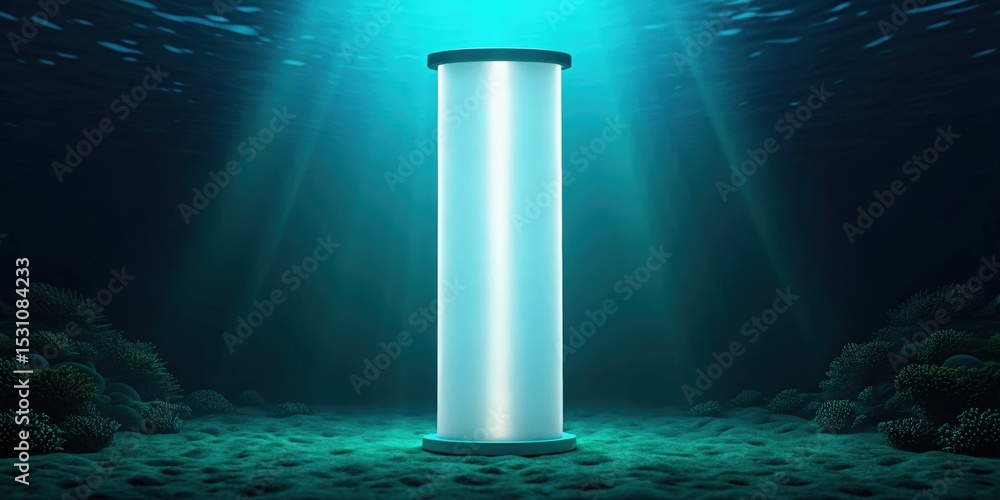 Poster futuristic space habitat design concept. underwater structure illuminated by ethereal blue light.