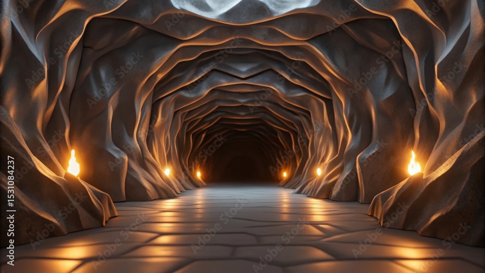 Poster Futuristic space habitat design concept. Dark cave tunnel with glowing torches illuminating the pathway.