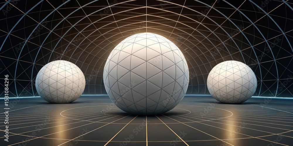 Poster futuristic space habitat design concept. geometric spheres in a futuristic grid environment.