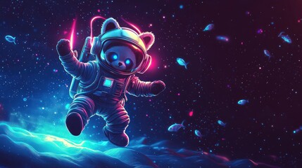 Cosmic panda astronaut dances through nebula