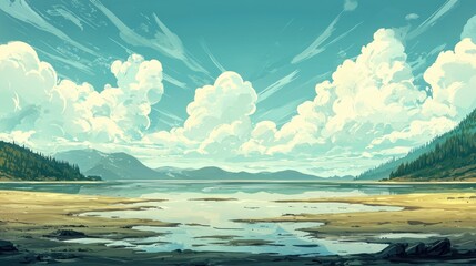 Tranquil lake landscape under a vast sky