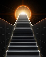 Futuristic space habitat design concept. Stairs leading to a radiant light source above.
