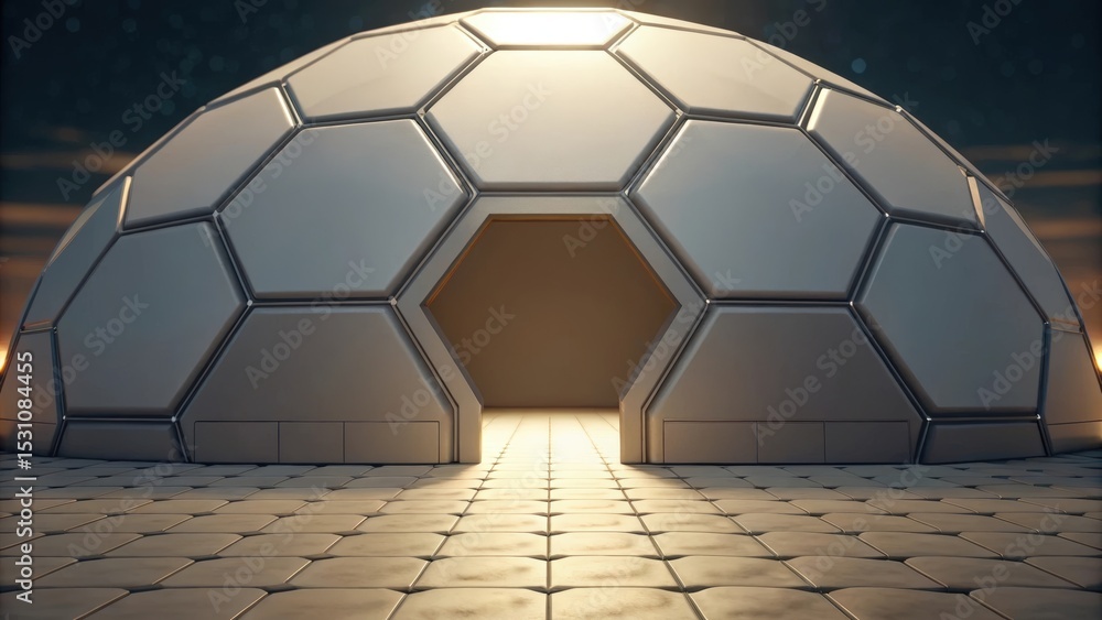 Poster Futuristic space habitat design concept. Futuristic hexagonal dome structure with illuminated entrance.