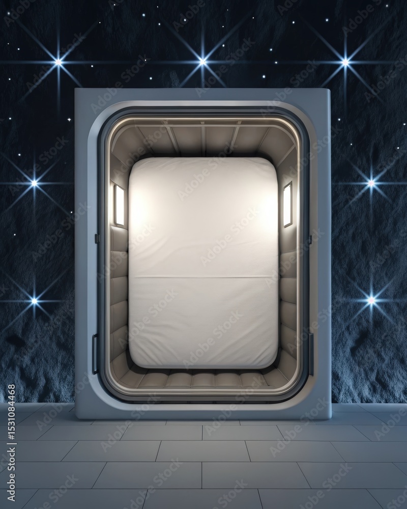 Poster futuristic space habitat design concept. futuristic doorway with soft lighting and starry background