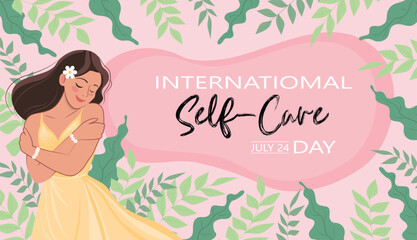 Elegant woman hugging herself in yellow dress with leafy background celebrating International Self-Care Day on July 24 with soft pink theme.
