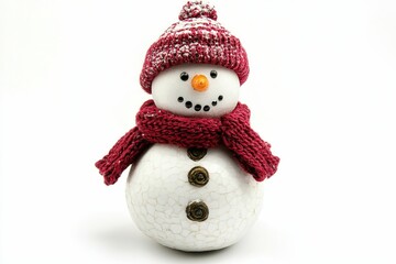 Fototapeta premium A snowman with a red and black scarf and a hat. , isolated on white background.